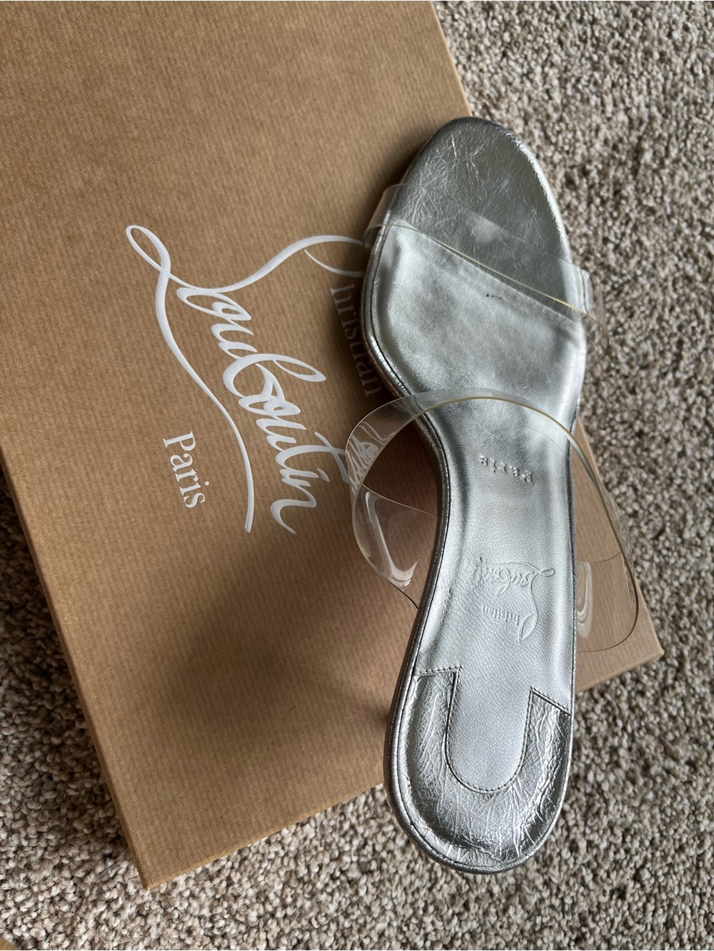 Authentic Christian Louboutin Silver Clear sandal heel